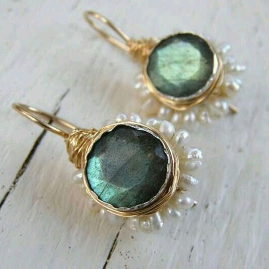 Vintage Green Stone Golden Earrings