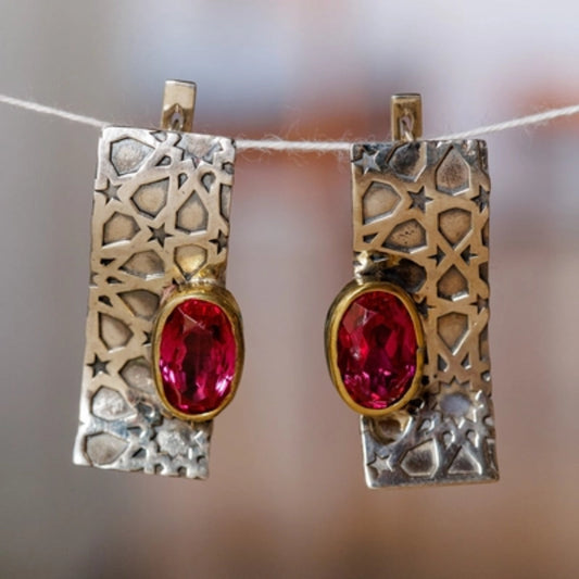 Vintage Gold & Silver Red Zirconia Earrings