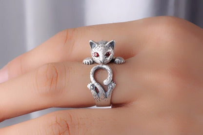 Adjustable Hand Painted Cat Ring in 925 Sterling Silver