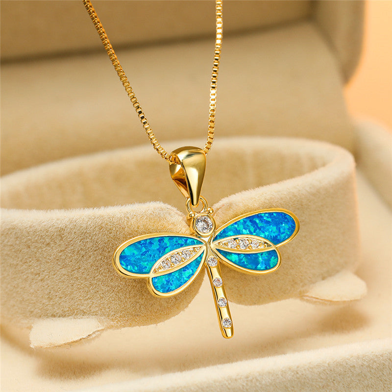 Dragonfly Necklace in Gold with Opal