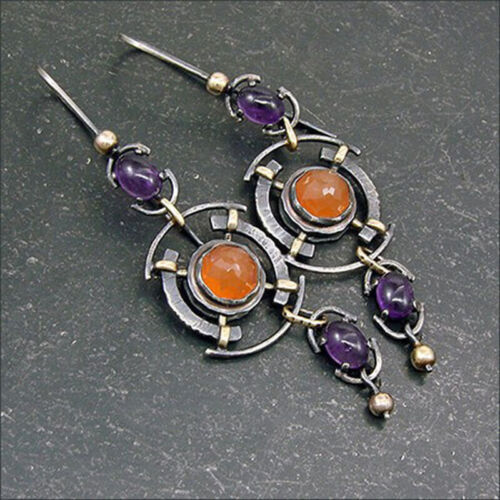 Vintage Purple & Orange Crystals Silver Earrings