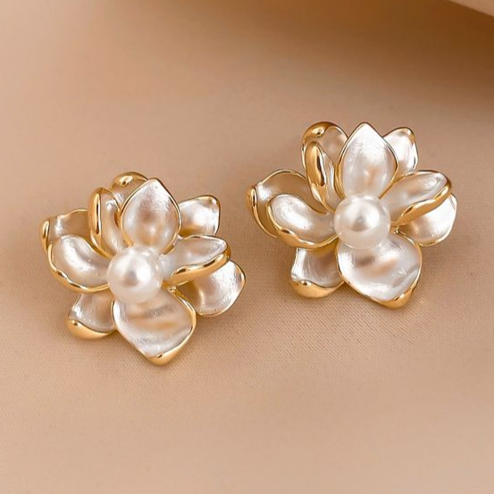 Elegant White Enamel Flower Pearl Earrings