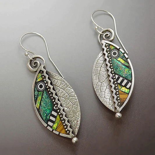 Vintage Green Crystal Leaf Silver Earrings