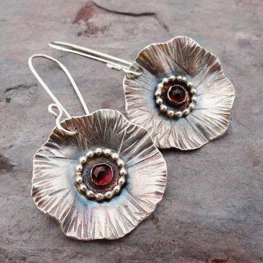 Vintage Silver Blossom Red Zirconia Earrings