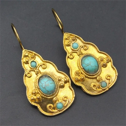 Vintage Gold Inlaid Turquoise Stone Earrings