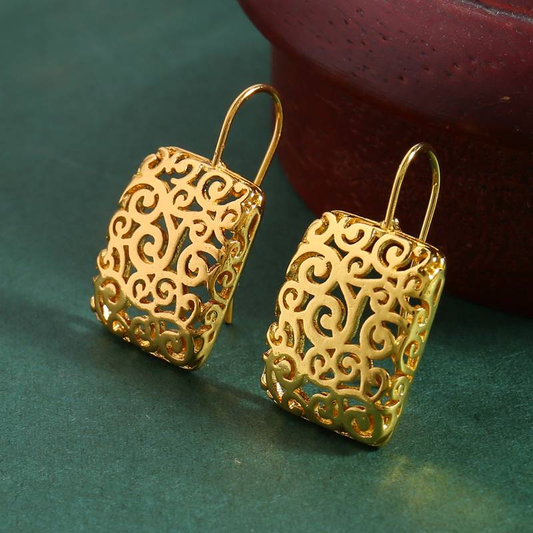 Vintage Golden Hollow Square Earrings