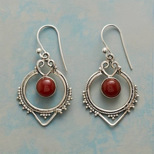 Vintage Red Stone Mandala Silver Earrings