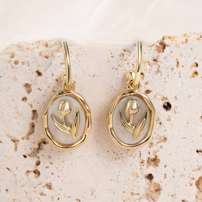 Vintage White & Gold Rose Earrings