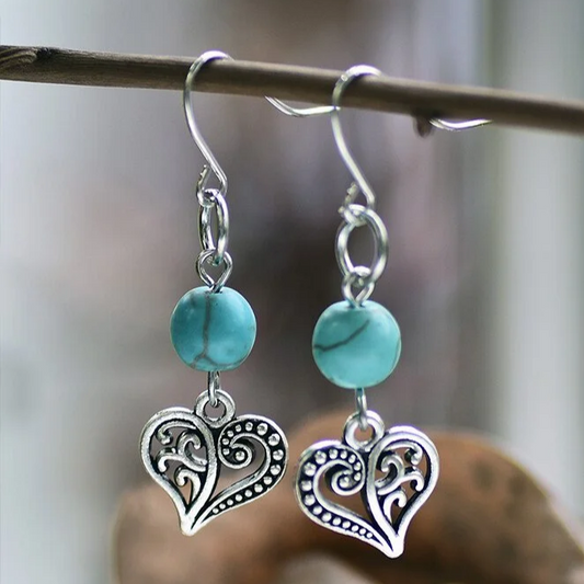 Vintage Dangling Silver Heart Turquoise Earrings