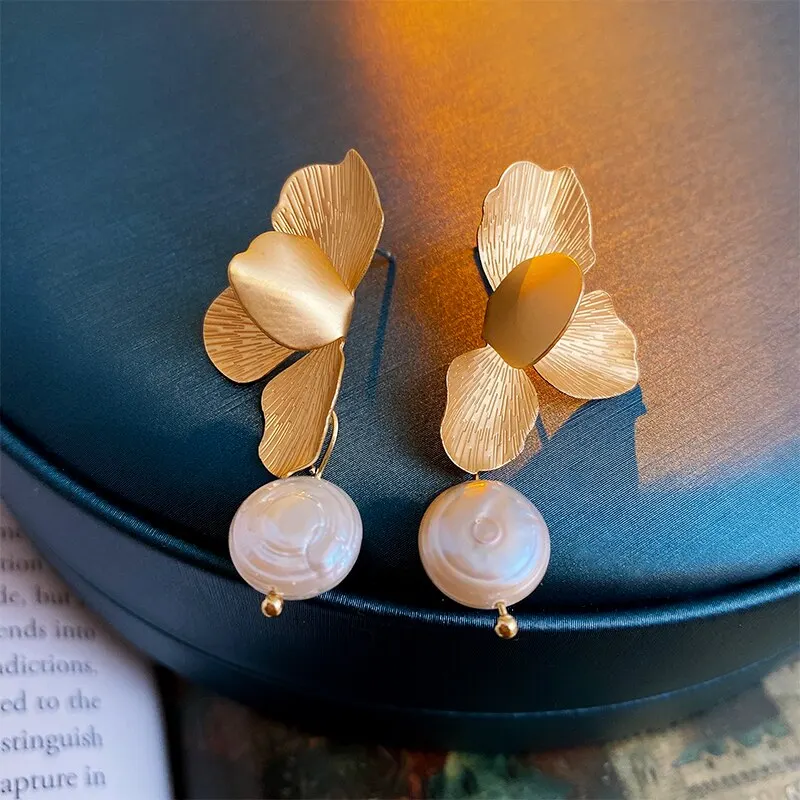 Elegant Gold Petal Pearl Earrings