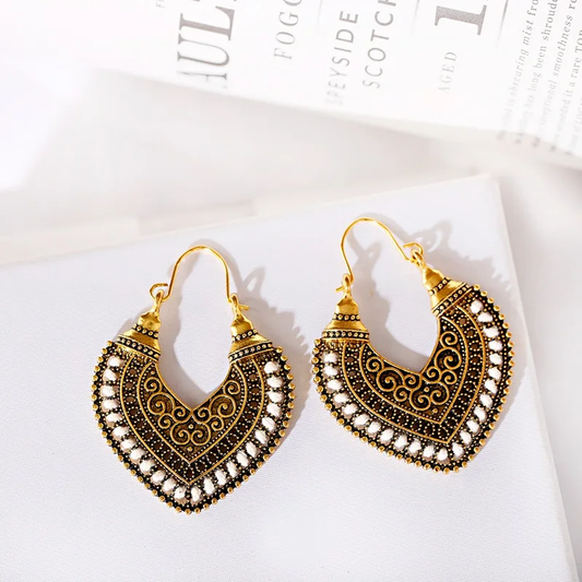 Vintage Gold Heart Mandala Earrings