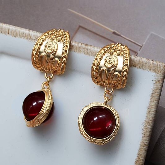 Vintage Red Inlaid Stone Golden Earrings