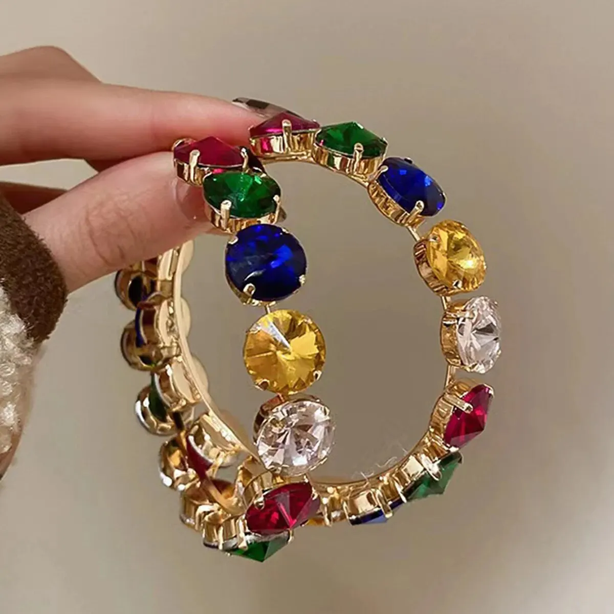 Vintage Colorful Crystals Hoop Earrings