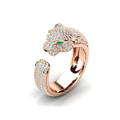 Adjustable Jaguar Ring in 18K Silver and Rose Gold with Green Zirconia Eyes